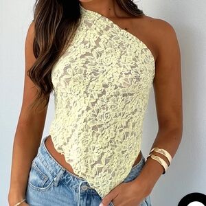 White Fox Boutique Lace Asymmetrical Top in Cream